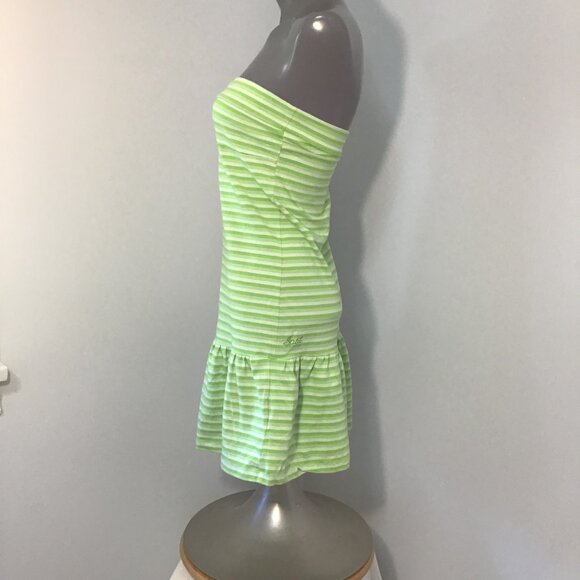 Split Strapless Striped Mini Dress With Ruffled Hem Size L - Picture 6 of 11